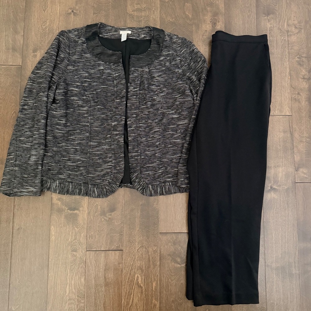 Chicos Womens 2 Piece Pant Suit Black Gray Tweed Jacket Size 3 XL Alfred Dunner
